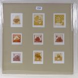 Harriet Brigdale, 9 miniature coloured etchings, signed in pencil, mounted in common frame,