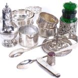 Various silver, including Georgian sugar tongs, Elizabeth II tea strainer and stand, napkin rings
