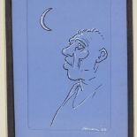 Peter Howson OBE (born 1958), ink hand drawn card, man looking at the moon, signed and dated '04,