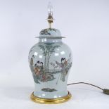 A Chinese white glaze porcelain jar and cover converted to a table lamp, with panels of text