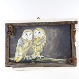 Clive Fredriksson, oil on board, 2 owls in rustic metal and wood frame, overall dimensions 21" x 32"