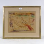 Continental lithograph, beach scene, unsigned, image 12" x 15.5", framed Good condition