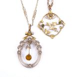 2 early 20th century 9ct gold stone set pendant necklaces, on 9ct fancy link chains, largest pendant