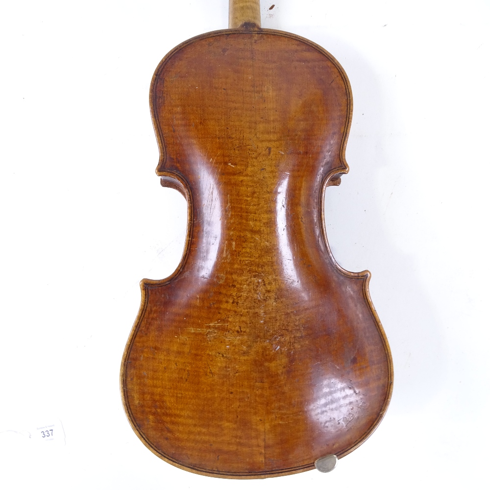 An 18th century violin, indistinct label with date 1703/09?, back length 35cm, with bow and case - Image 12 of 15