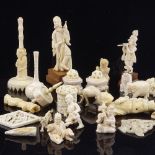 A collection of Oriental ivory carvings, puzzle balls, boxes, pendants etc