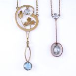 2 early 20th century gold and aquamarine pendant necklaces, 1 unmarked, 1 stamped 9ct, largest