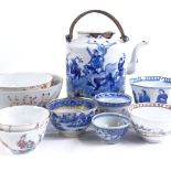 A group of Chinese porcelain items, including blue and white teapot, height 16cm (A/F)