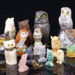 A collection of ornamental owls, including an electroplate pepperette, height 8cm, Bilston enamel