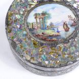 An Italian Grand Tour scagliola decorated circular box, mother-of-pearl on tortoiseshell with