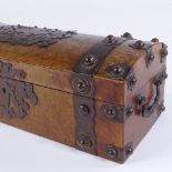 A Victorian burr-walnut dome-top box with engraved brass strapwork mounts, brass bosses and drop