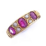A 19th century 18ct gold 7-stone ruby and diamond half hoop ring, setting height 6.1mm, size I/J,