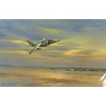 Denis Pannett, watercolour, Harrier jet over the coast, signed, 13" x 21", mounted Good condition