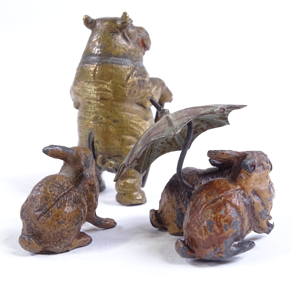 A miniature cold painted bronze caricature hippo with a walking stick, unsigned, height 5cm, and a - Image 3 of 3