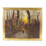 Oil on board, woman on a woodland road, indistinctly signed, 15" x 18", framed Good condition