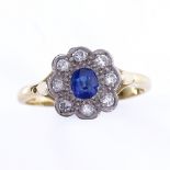 An 18ct gold sapphire and diamond cluster flowerhead dress ring, setting height 11.3mm, size T, 4.1g