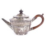 An Edwardian silver teapot, tapered cylindrical form with banded waist and turned wood fittings,