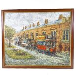 Oil on board, impressionist tram scene, signed with monogram AJM, 20" x 25", framed Good condition