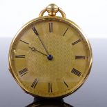 An early 19th century 18ct gold open-face key-wind slimline pocket watch, engine turned dial with