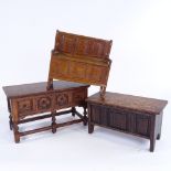 3 pieces of oak doll's furniture, including a settle, width 17cm, a panelled coffer and sideboard (