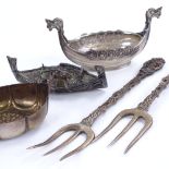 Various Scandinavian and Continental silver, including Marius Hammer Viking Revival ship salt,