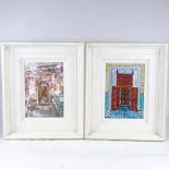 Kate Hennessy, pair of oils on board, Middle Eastern doorways, signed 11" x 8", framed Very good