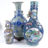 3 19th century Chinese porcelain vases, 1 on ormolu stand, largest height 46cm (A/F)