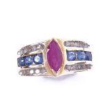 A modern 10ct gold ruby sapphire and diamond dress ring, setting height 10mm, size N, 5.2g Very good