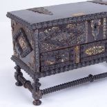 A 19th century Portuguese mahogany jewel casket, with rising lid, relief moulded silver mounts, on
