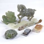 A group of Chinese jade and hardstone carvings, including a relief carved jade rui sceptre, length