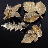 FLORA DANICA - 4 Danish stylised vermeil sterling silver leaf brooches, largest length 59.6mm, 41.6g
