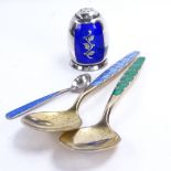 Various Danish sterling silver and enamel silver items, including Volmer Bahner pepper pot and