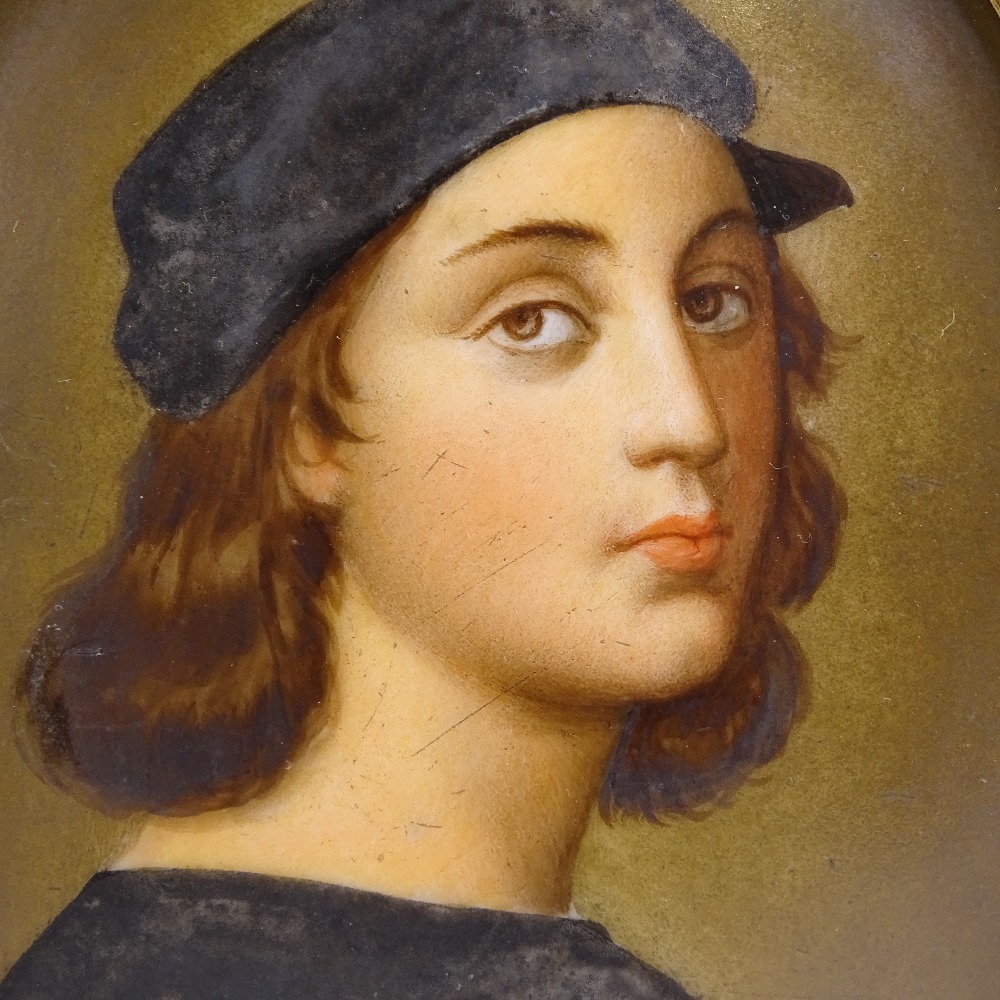 A 19th century hand painted porcelain plaque, portrait of Raphael, unsigned, in oval giltwood frame, - Image 2 of 3