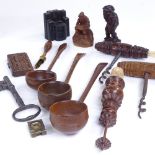 A group of treen, including a carved wood figure of a bearded man, height 7cm, wood-handled