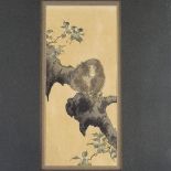 Koson (1877 - 1945), print, circa 1900, monkey in a tree, 7.5" x 3.5", mounted Paper discolouration