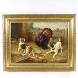Johnny Gaston (born 1955), oil on board, puppies and rooster in the farmyard, signed and dated '