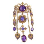 A 19th century style 18ct gold synthetic sapphire and pearl drop brooch, openwork foliate design