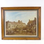 19th century watercolour, a busy coaching street scene, unsigned, 18" x 22", framed Light foxing