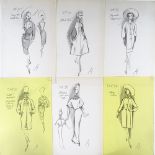 Christian Dior, 6 fashion drawings, circa 1950s, sheet size 13" x 8.5", slight paper