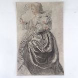 Rubens, 19th century lithograph, woman with a fan, 21" x 13.5", unframed Foxing in the background