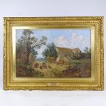 John Holland (1857 - 1920), oil on canvas, busy village scene, 13.5" x 21", framed Re-lined, no sign
