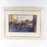 Watercolour, Continental street cafe, indistinctly signed, 12" x 20", framed Good condition