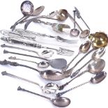 Various silver flatware, including sauce ladles, German silver sugar scoop, Apostle spoons etc, 11oz