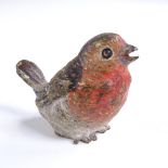 A cold painted bronze miniature robin, height 2.5cm Paint abrasions but no damage