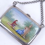 A George V silver and hand painted enamel evening purse, on curb link chain, maker's marks