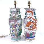2 Chinese porcelain table lamps with painted enamel decoration, converted to electric, height to rim