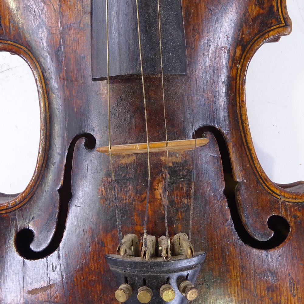 An 18th century violin, indistinct label with date 1703/09?, back length 35cm, with bow and case - Image 2 of 15