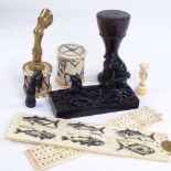 A mixed group of items, including a bronze armorial desk seal with rosewood handle, length 8.5cm,