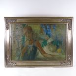 Mid-20th century oil on board, girl with flowers, unsigned, 20" x 30", framed Very good condition