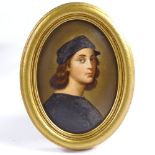 A 19th century hand painted porcelain plaque, portrait of Raphael, unsigned, in oval giltwood frame,