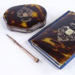19th century tortoiseshell card case/notebook with matching purse, gold and silver pique inlaid